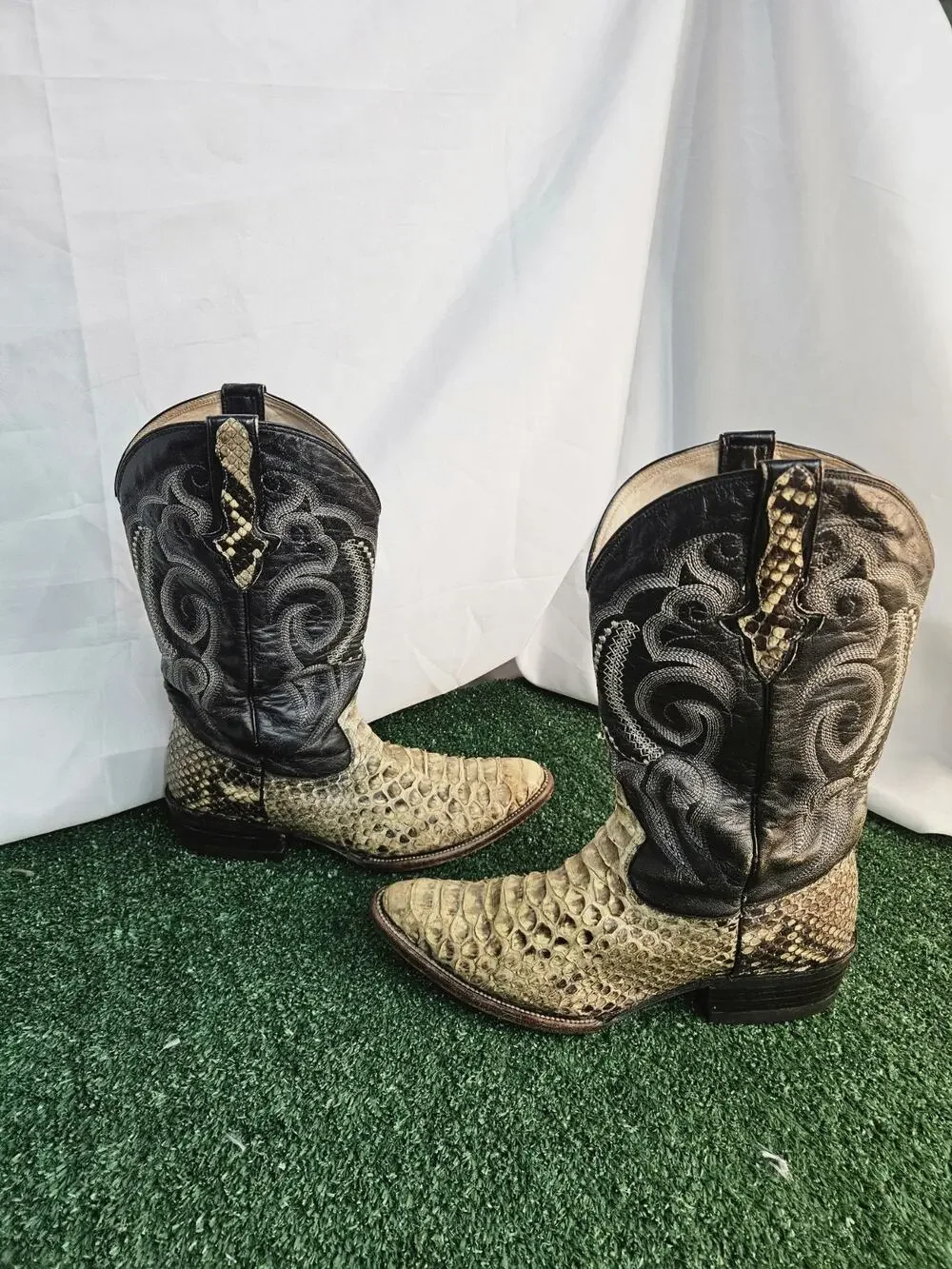 Men's El Cadaffy Snake Skin Embroidered Cowboy Western Boots Size 9.5 D Mex 27.5